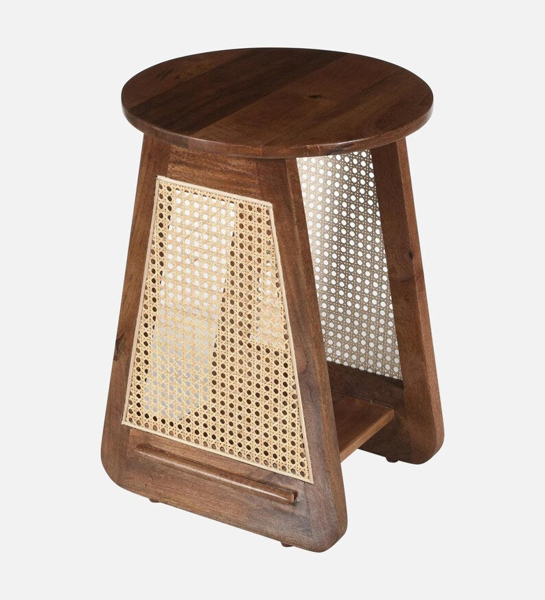 Cane Side Table – Round Top Sheesham Wood & Rattan Handcrafted Accent Table
