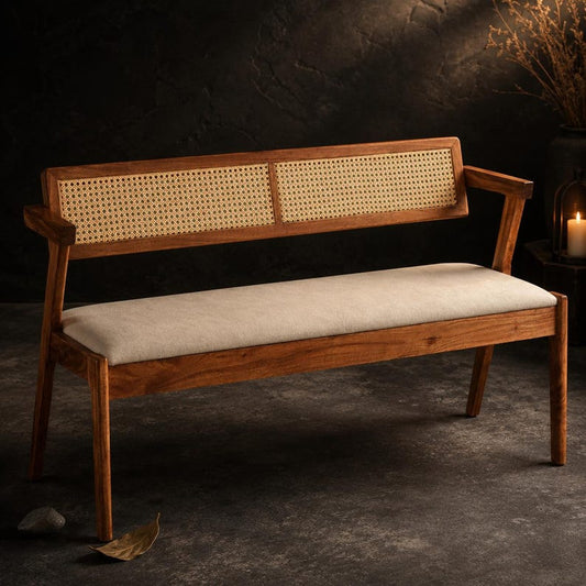 Solid Wood Bench with Cane Back
