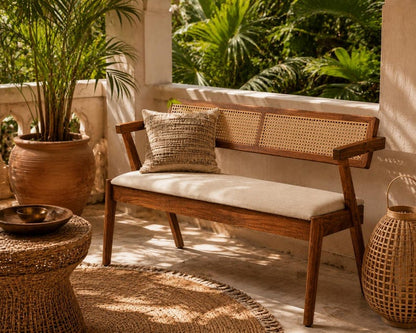 Solid Wood Bench with Cane Back