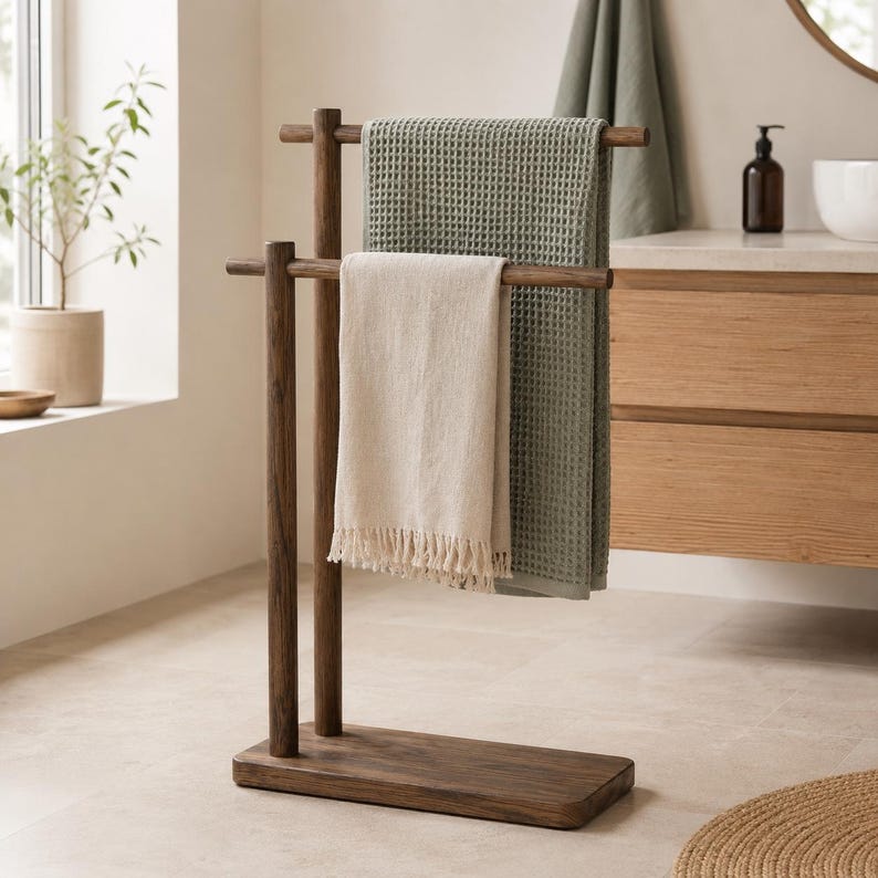 Freestanding Wooden Towel Rack for Bathroom, 2-Tier Towel Stand