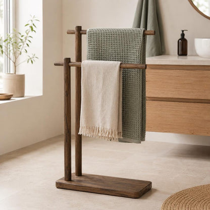 Freestanding Wooden Towel Rack for Bathroom, 2-Tier Towel Stand