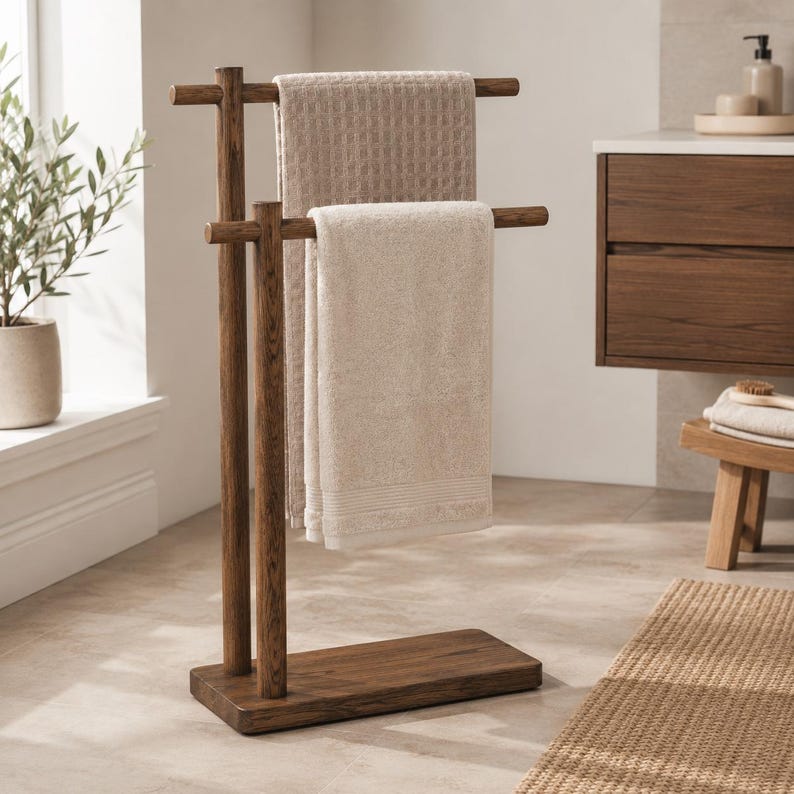 Freestanding Wooden Towel Rack for Bathroom, 2-Tier Towel Stand