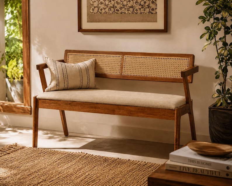 Solid Wood Bench with Cane Back