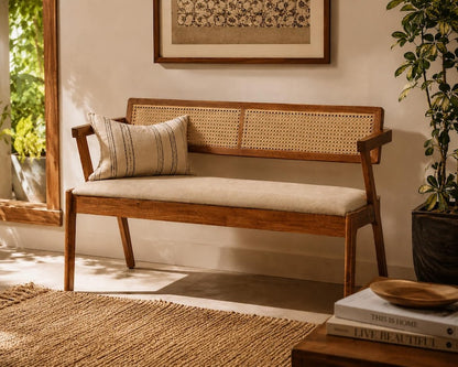 Solid Wood Bench with Cane Back