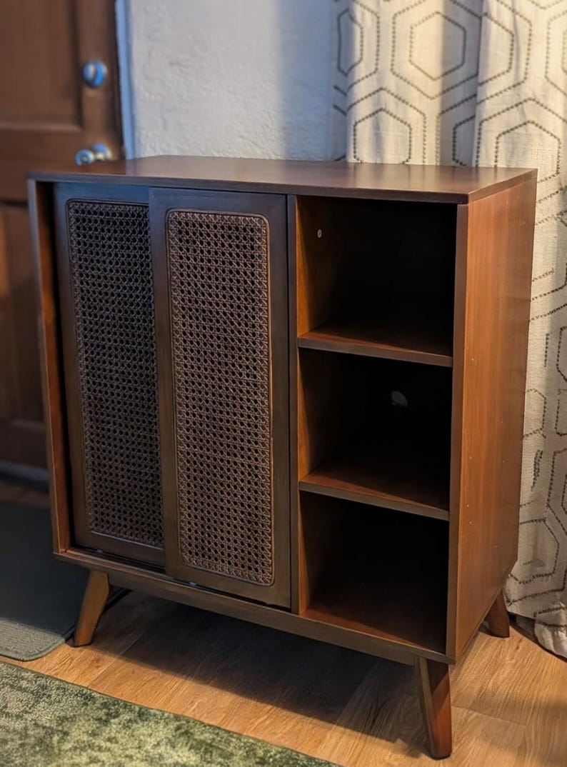 Mid Century Rattan Storage Cabinet Boho Sideboard with Sliding Doors and Shelves