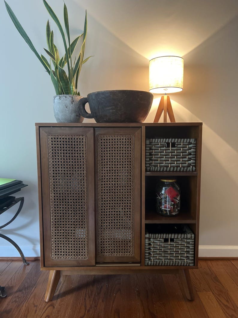 Mid Century Rattan Storage Cabinet Boho Sideboard with Sliding Doors and Shelves