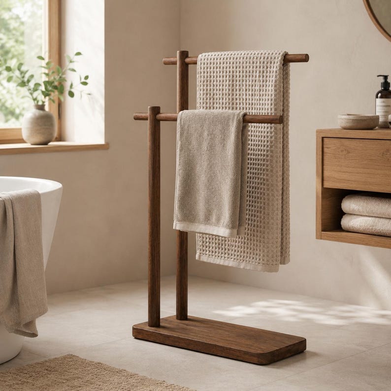 Freestanding Wooden Towel Rack for Bathroom, 2-Tier Towel Stand