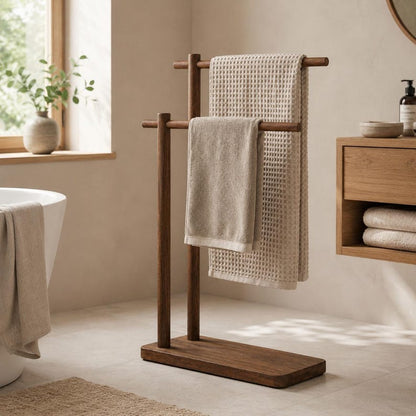 Freestanding Wooden Towel Rack for Bathroom, 2-Tier Towel Stand