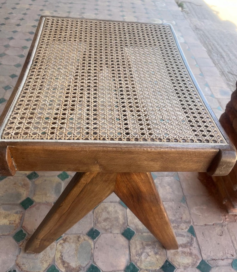 Handmade Cane Woven Stool - Artisanal Rattan Weave Footstool