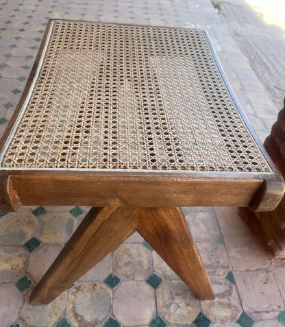 Handmade Cane Woven Stool - Artisanal Rattan Weave Footstool