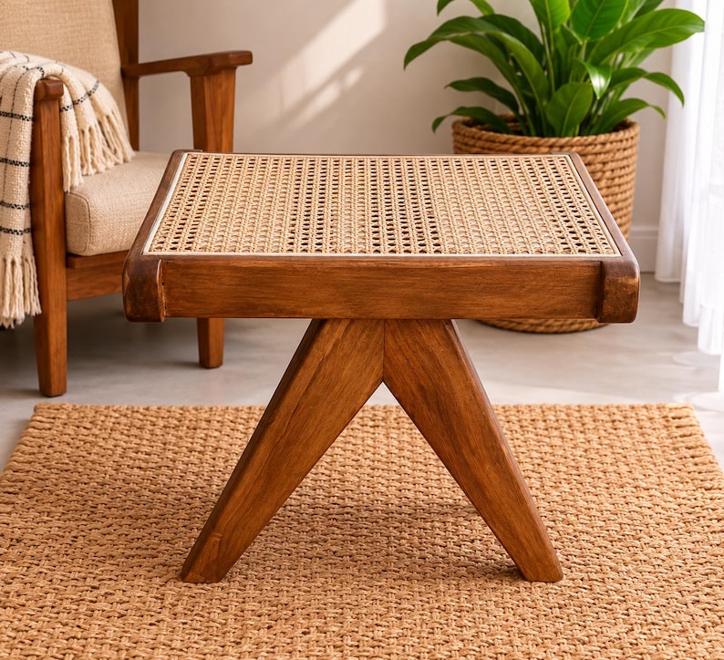 Handmade Cane Woven Stool - Artisanal Rattan Weave Footstool