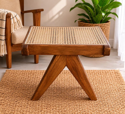 Handmade Cane Woven Stool - Artisanal Rattan Weave Footstool