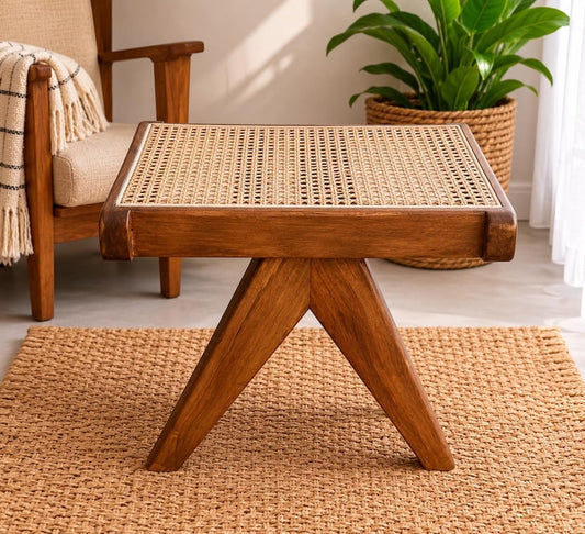 Handmade Cane Woven Stool - Artisanal Rattan Weave Footstool