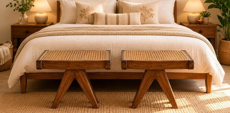 Handmade Cane Woven Stool - Artisanal Rattan Weave Footstool