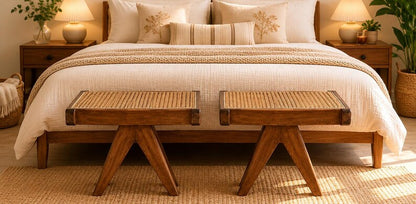 Handmade Cane Woven Stool - Artisanal Rattan Weave Footstool