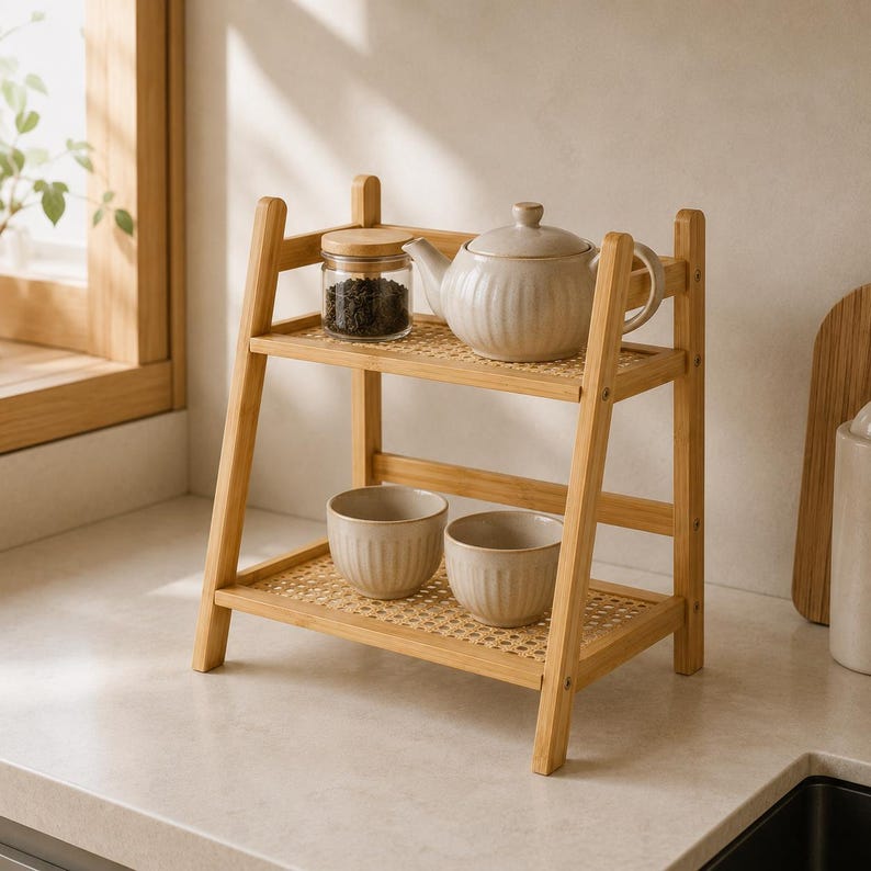 Two-Tier Bamboo Shelf Organizer | Rattan Kitchen Spice Rack, Coffee Bar Storage