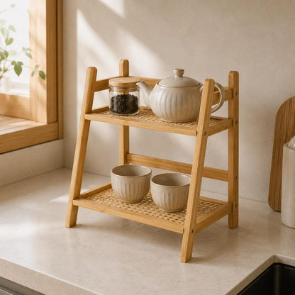 Two-Tier Bamboo Shelf Organizer | Rattan Kitchen Spice Rack, Coffee Bar Storage