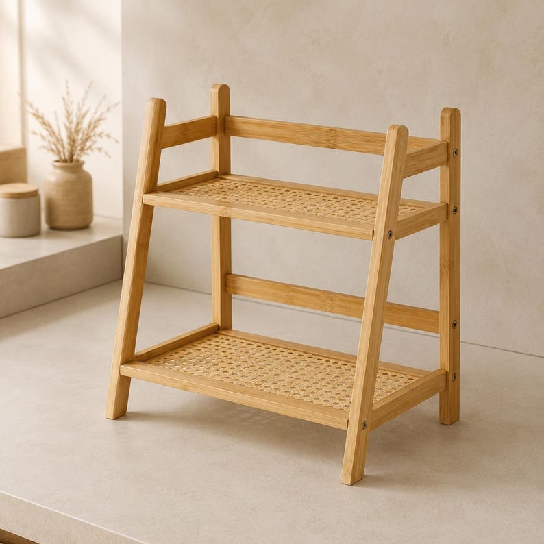 Two-Tier Bamboo Shelf Organizer | Rattan Kitchen Spice Rack, Coffee Bar Storage
