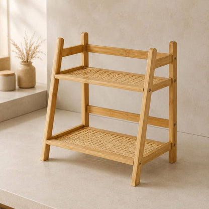 Two-Tier Bamboo Shelf Organizer | Rattan Kitchen Spice Rack, Coffee Bar Storage