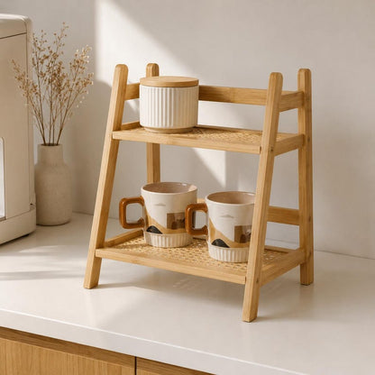 Two-Tier Bamboo Shelf Organizer | Rattan Kitchen Spice Rack, Coffee Bar Storage
