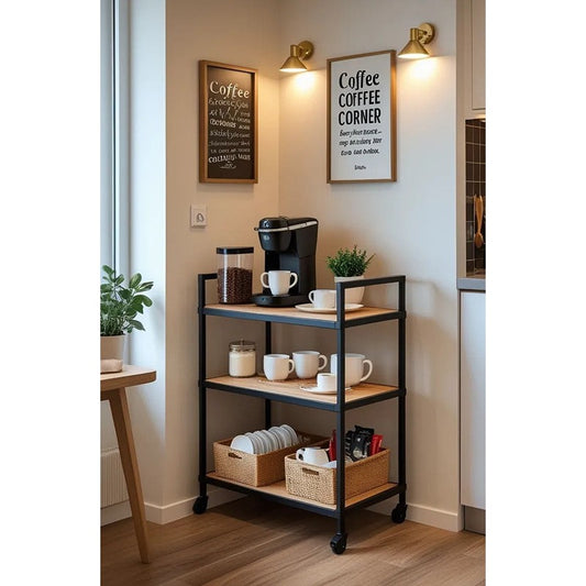 Solid Sheesham Wood Coffee Cart with Rolling Storage