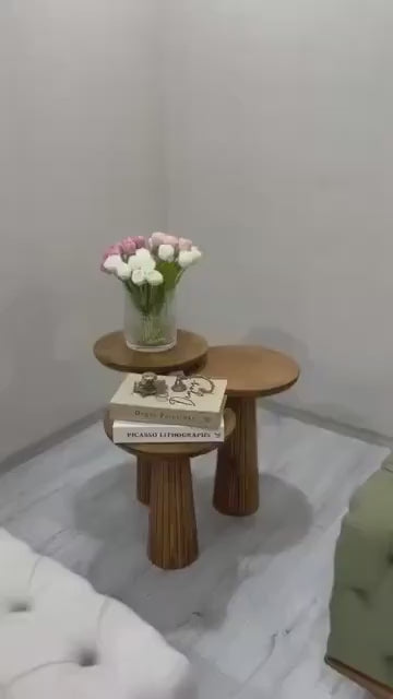 Handmade Mushroom Nesting Tables – Solid Wood Scandinavian Side Tables (Set of 3)