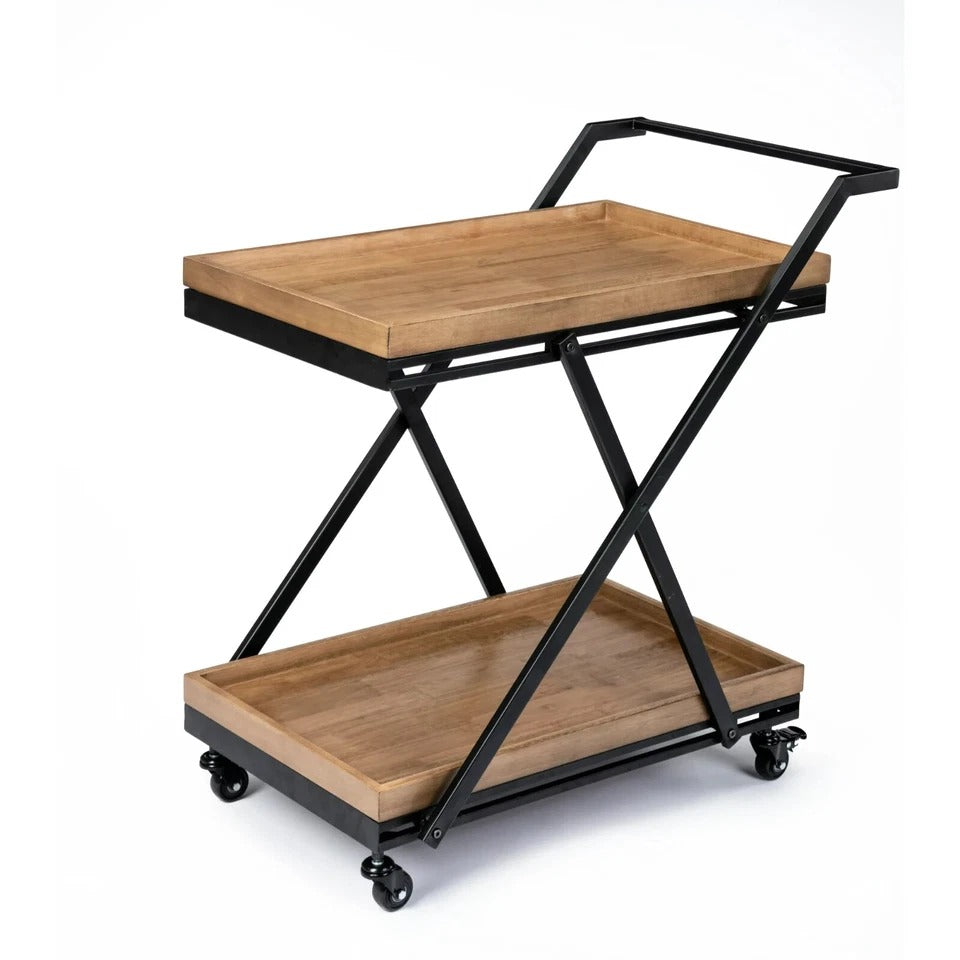 Wood/Black Rolling Bar Cart Two Shelves Entertainment Kitchen Storage Coffee Bar