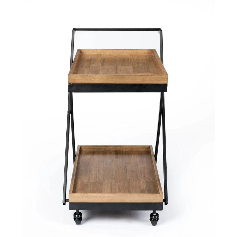 Wood/Black Rolling Bar Cart Two Shelves Entertainment Kitchen Storage Coffee Bar