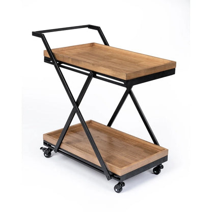 Wood/Black Rolling Bar Cart Two Shelves Entertainment Kitchen Storage Coffee Bar