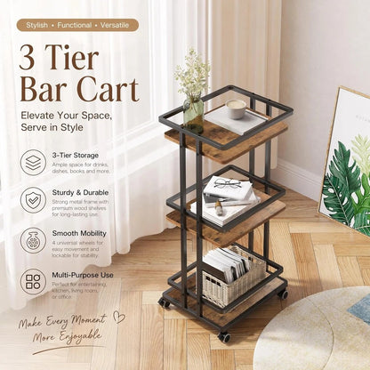 Stylish 3-Tier Rolling Bar Cart with Storage Shelves