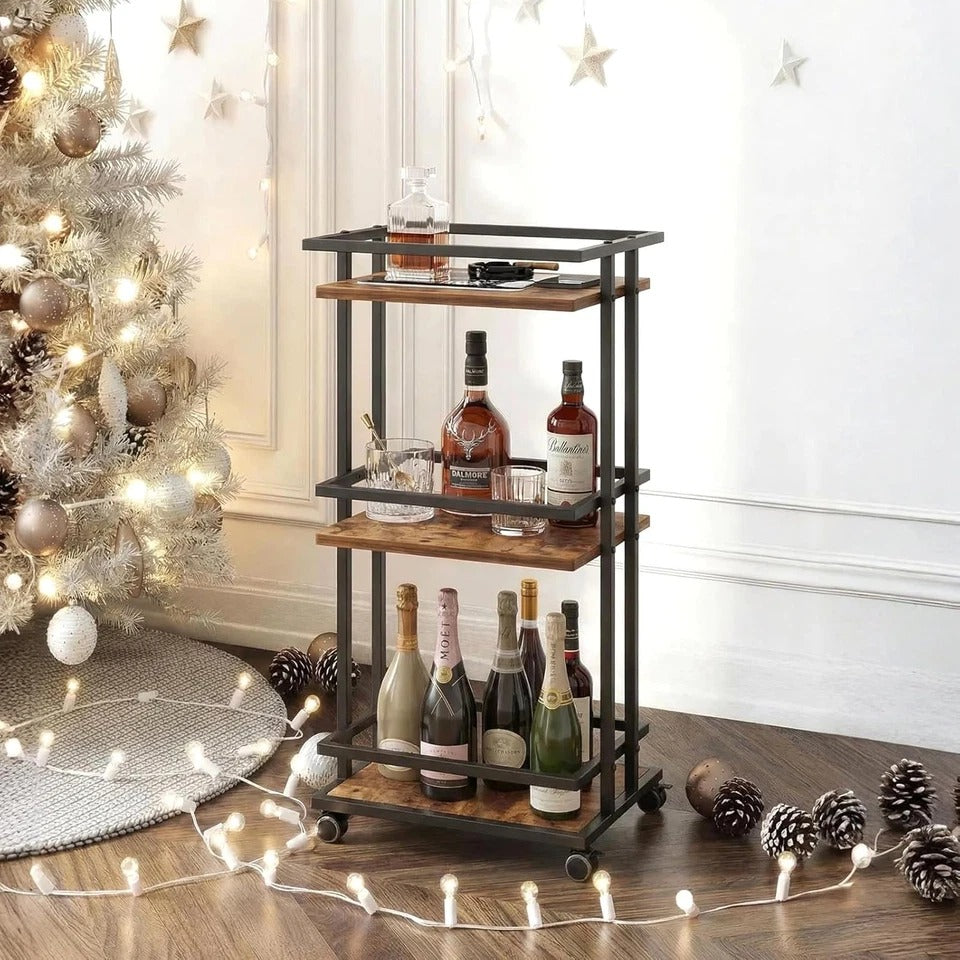 Stylish 3-Tier Rolling Bar Cart with Storage Shelves