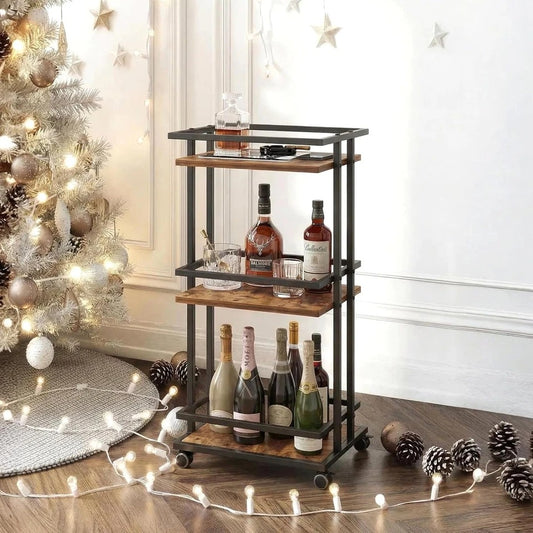 Stylish 3-Tier Rolling Bar Cart with Storage Shelves